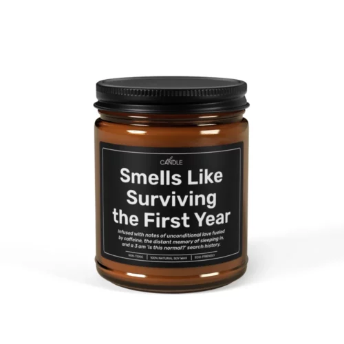 Funny Survived First Year Parents Candle in 9oz amber jar - Front view | EL Candle