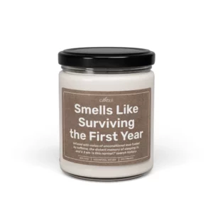 Funny Survived First Year Parents Candle in 9oz transparent jar - Front view | EL Candle