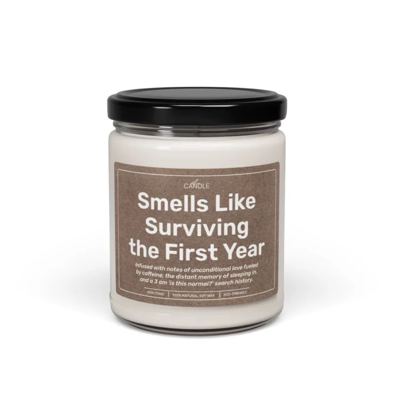 Funny Survived First Year Parents Candle in 9oz transparent jar - Front view | EL Candle