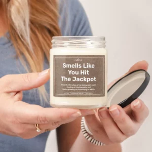 Funny Wife Is Gift Enough Husband Candle in 9oz transparent jar - Woman holding and opening the candle | EL Candle