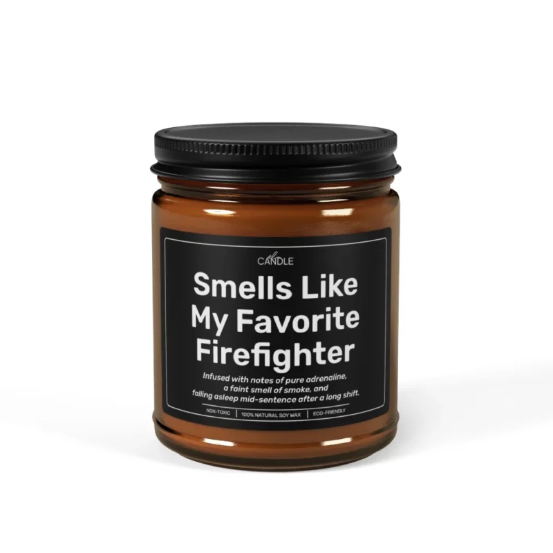 Funny Cute Firefighter Gift Candle in 9oz amber jar - Front view | EL Candle