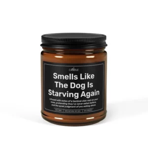 Funny Begging Dog Gift Candle in 9oz amber jar - Front view | EL Candle