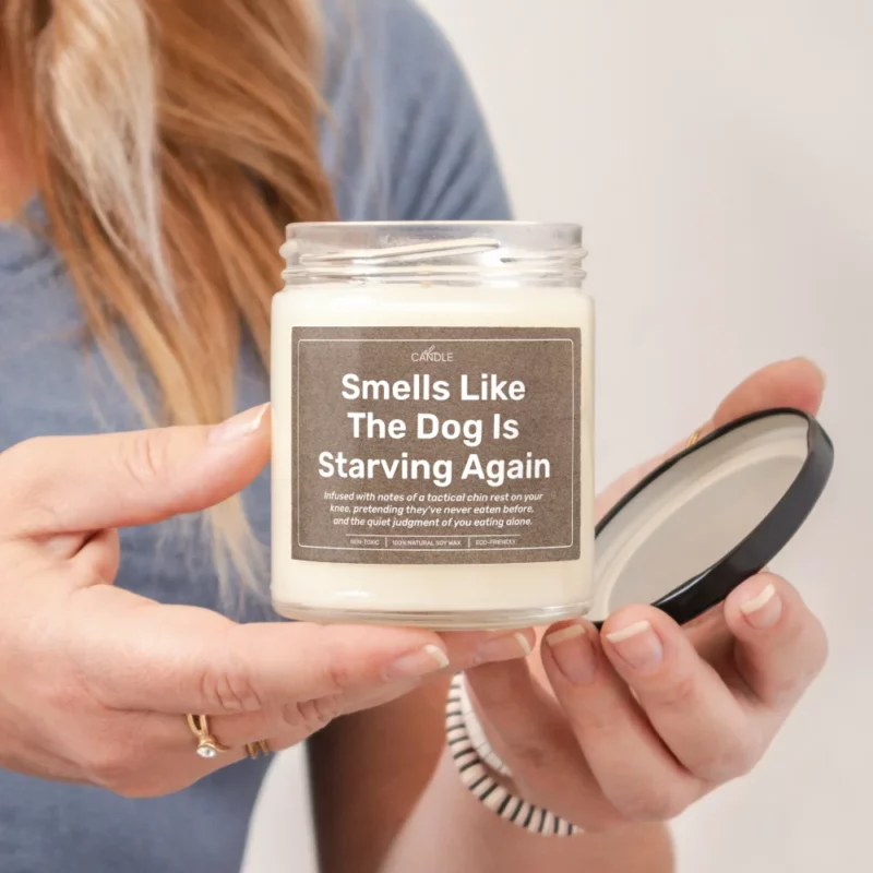 Funny Begging Dog Gift Candle in 9oz transparent jar - Woman holding and opening the candle | EL Candle
