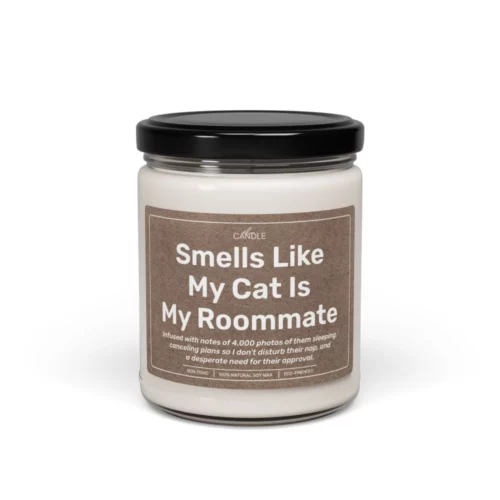 Funny Cat Roommate Gift Soy Candle in 9oz transparent jar - Front view | EL Candle