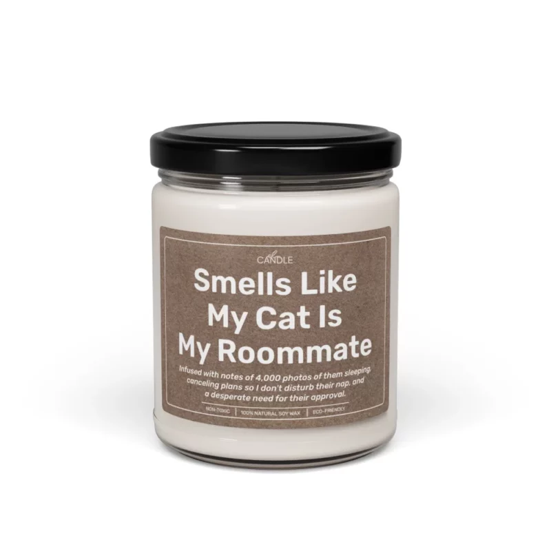 Funny Cat Roommate Gift Soy Candle in 9oz transparent jar - Front view | EL Candle